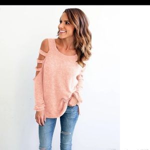 Blush pink cold shoulder long sleeved shirt